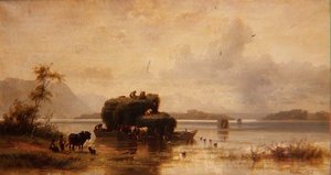 A Lake Landscape with Peasants and Haybarges by Christian Mali