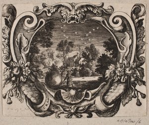Emblem with Man Rolling a Ball at Night