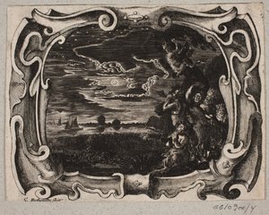 Emblem with satyrs gathered by a tree at night