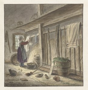 Corner of a Stable with a Girl Hanging a Cloth