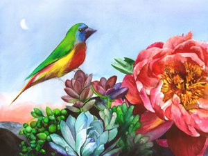 Vibrant Bird Peony Garden by Christine Lindstrom
