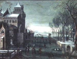 A Winter Landscape with Figures Skating by a Moated Castle by Christoffel van den (circle of) Berghe