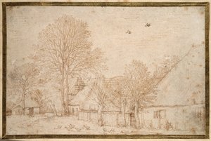 Thatched buildings, almost bare trees and a flock of geese by Kosma Sergejewitsch Petrow Wodkin