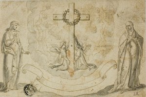 Virgin Mary and St. John the Evangelist Beholding a Vision of the Cross Held by Two Angels by Christoph Schwarz
