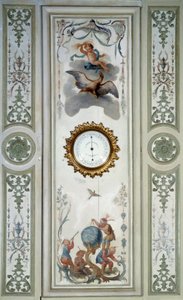 Panel of the large living room of the Chateau de Champs sur Marne with barometer and chinoiserie by Christophe Huet