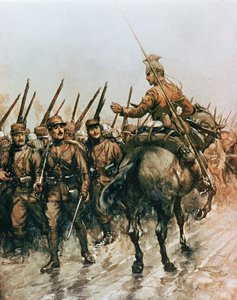 Lancer of the Belgian Guides Corps passing French infantry marching to the front in 1914