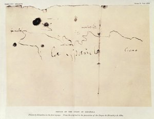 Sketch of the coast of Espanola, drawn by Columbus on the first voyage, from the original in the possession of the Duque de Berwick y de Alba, 1492