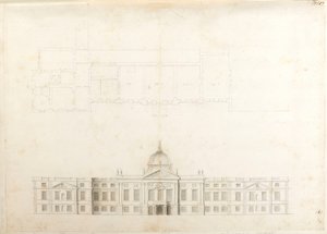 Hampton Court Palace, Part-plan and sketch elevation for an entrance façade, probably for 2nd scheme, numbered 5 & 6