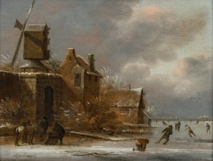 A Winter Landscape with Skaters on a Frozen River Outside a Village
