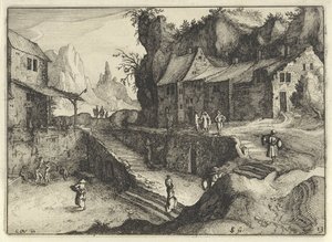 Mountain Village with Houses and Stairs (Hollandse landschappen / Amaeniores Aliquot Regiunculae) by Claes Jansz. Visscher (II)