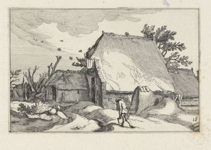 Farm and Man with Two Buckets by Claes Jansz. Visscher (II)