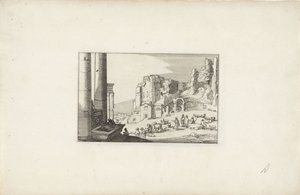 Hilly landscape with a fountain and shepherds (Italian landscapes with ruins, Variae antiquitates Romanae) by Claes Jansz. Visscher (II)