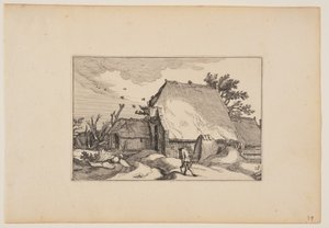 A Farm, Man with Two Buckets on Path in Front, from Landscapes by Claes Jansz. Visscher