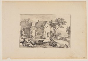 A Farmyard, Resting Shepherd in Centre Foreground, from Landscapes by Claes Jansz. Visscher