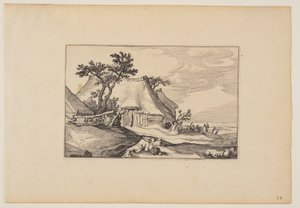 Barns, Resting Man with Basket of Eggs in Foreground, from Landscapes by Claes Jansz. Visscher