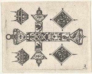 Blackwork Print with a Latin Cross and Four Motifs by Claes Jansz Visscher
