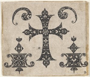 Blackwork Print with a Latin Cross and Small Motifs by Claes Jansz Visscher