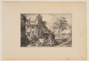 Farmyard, with Prodigal Son Among the Swine, from Landscapes by Claes Jansz. Visscher