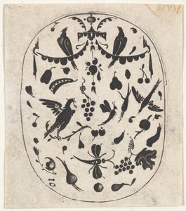 Oval Blackwork Print with Birds, Insects and Fruits by Claes Jansz Visscher