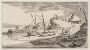 Boats Ashore Near a Watch-Tower, from Landscapes (Pleasant Landscapes) by Claes Jansz. Visscher II