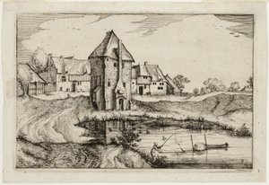 The Pond, plate nine after Pictures of Farms, Country Houses and Rustic Villages (Praediorum villarum et rusticarum casularum icones) by Claes Jansz. Visscher II