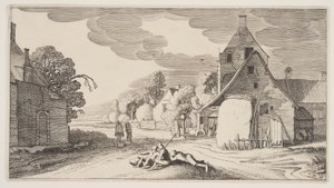 Three Peasants Resting at a Crossroad in a Village, from Landscapes by Claes Jansz. Visscher II