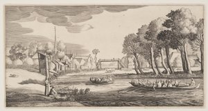 Travellers in Row-Boats approaching a Village, from Landscapes (Playsante Lantschappen) by Claes Jansz. Visscher II
