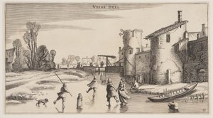 Winter Landscape with Skaters Along a Town-Wall, from Landscapes by Claes Jansz. Visscher II