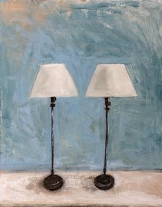 Two Lamps Blue Wall by Claire Lerner