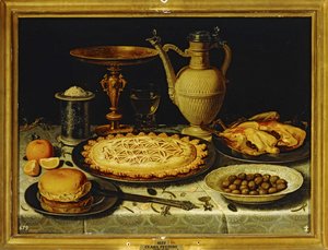 Still-Life - Meal with Roasted Chicken, Bread and Olives