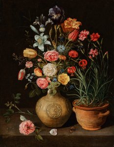 Still Life with Roses, Lilies, an Iris and Other Flowers in an Earthenware Vase, with a Pot of Carnations and a Butterfly on a Ledge