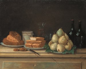 Pears and Bread on Plates, with Bottles of Wine and Glasses on a Stone Ledge by Claude Joseph Fraichot