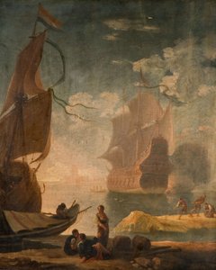 Harbour Scene With Man-Of-War And Figures On A Quay