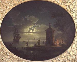 Night: A Moonlit Coastal Landscape with Fisherfolk by a Fire on a Quay, a Man of War Beyond by Claude Joseph Vernet