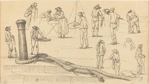Quayside Figures and a Length of Rope Attached to a Bollard by Claude Joseph Vernet