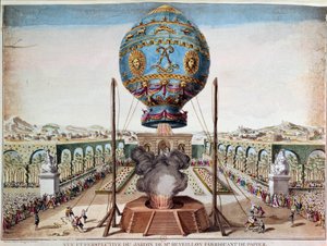 Experience of the Montgolfiere brothers on 19 October 1783 in the garden of Monsieur Reveillon, faubourg Saint Antoine in Paris. Engraving by Claude Louis Desrais