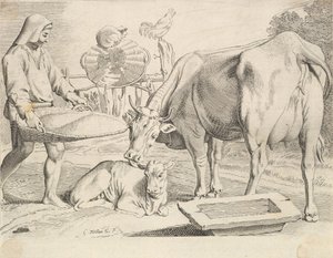 Country Scene with a Peasant, Cow and Calf by Claude Mellan