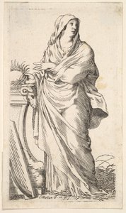 Robed Woman Standing Next to a Plinth, Her Right Hand Bears a Palm Branch, a Harp