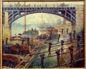 Debardeurs coal unloaders unloading goods from the cottages on the banks of the Seine by Claude Monet