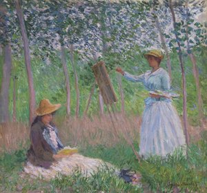 In the Woods at Giverny: Blanche Hoschedé at Her Easel with Suzanne Hoschedé Reading by Claude Monet