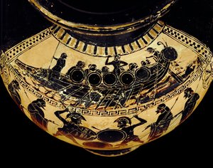 War Galley with Warriors, Oarsmen, and Helmsmen