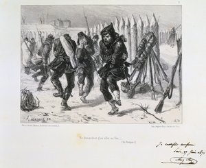Franco-Prussian War 1870-1871. Siege of Paris 19 Sept 1870-28 Jan 1871. Soldiers on the ramparts jumping about to keep warm. From a series of lithographs by Clement August Andrieux by Clément Auguste Andrieux