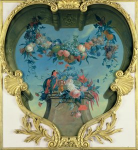 Festoon of Fruits Hanging over a Pedestal with Flowers and a Red-Green Parrot