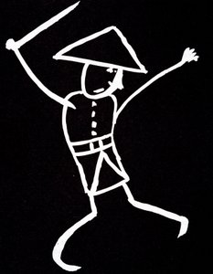 Character with hat, uniform and swinged. Anime drawing by Emile Cohl (1857-1938) in white on black by Cohl