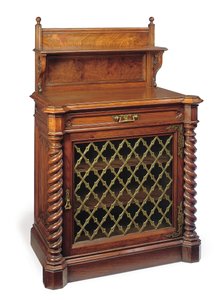 Mid-Victorian Gothic carved walnut and brass-mounted side cabinet, late 19th century by Collinson and Lock