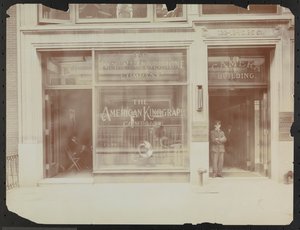 First floor facade of 122-124 E. 25th Street, the Camera Building, American Cinephone Company, American Kinograph Company and doorman, New York by Company Byron