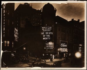 The Casino Theatre at night, crowds and cars, and construction workers digging in street, Broadway and 39th St., New York, c.1915