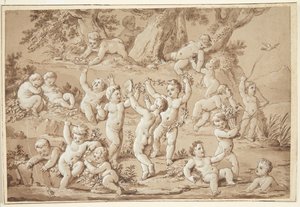 A Large Group of Putti Playing Contentedly by a Stream