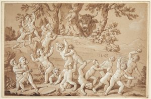A Large Group of Putti Plunged into Terror by the Arrival of a Bull by Conrad Martin Metz