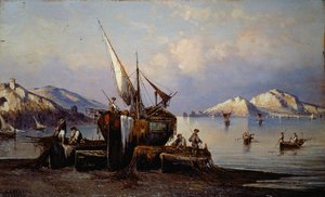 Fishermen in Nerano with Capri island in background